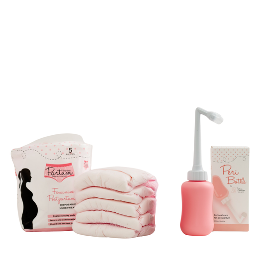 Partum Panties postpartum recovery essentials including disposable underwear and peri bottle